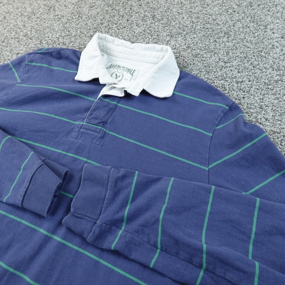 American Eagle Rugby Shirt Mens MT Blue Green Stripe Long Sleeve Heavy Polo Golf